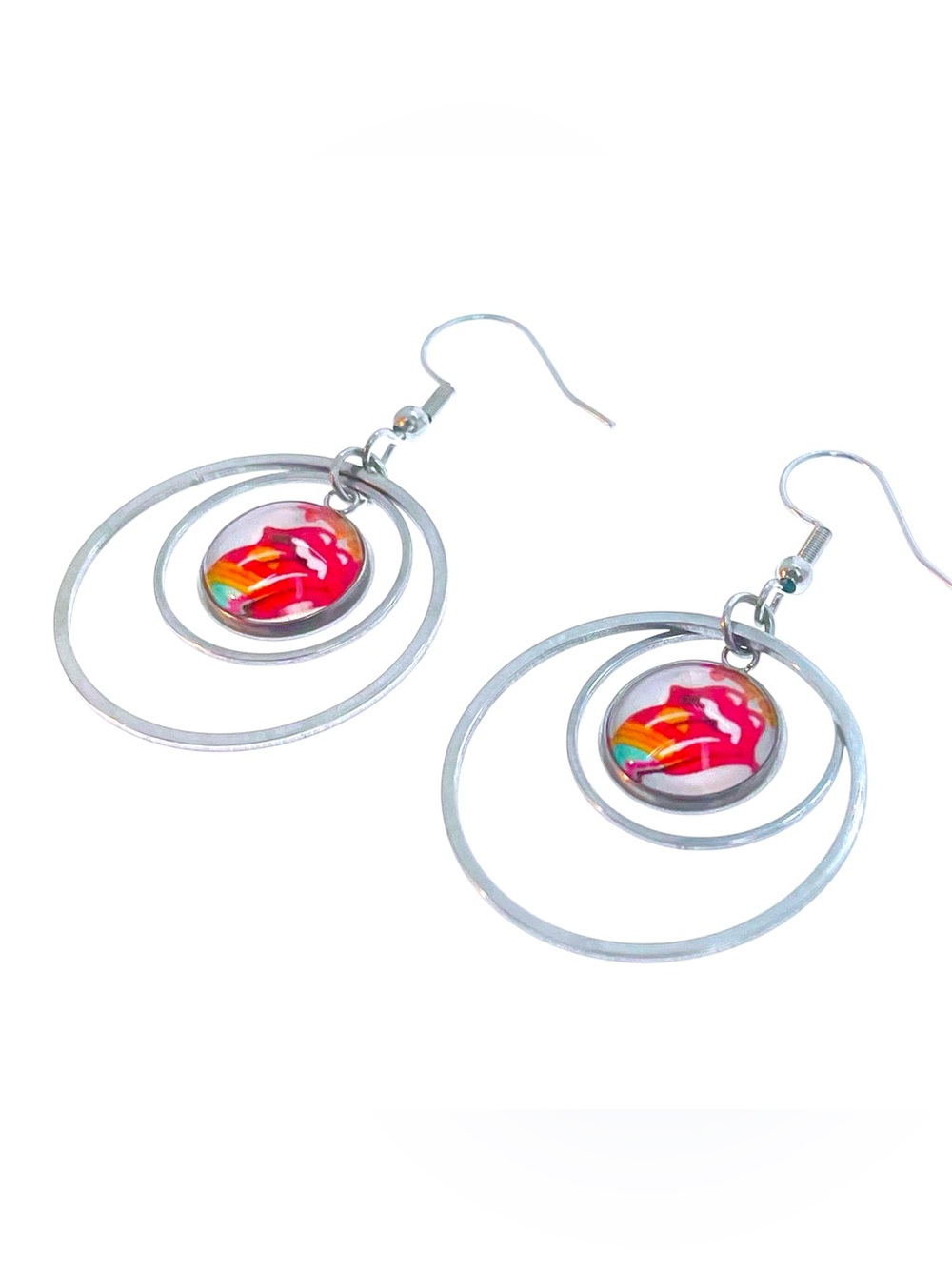 Rolling Stones Inspired Earrings Silver Hoop Dangle Rock Music Hippie Boho